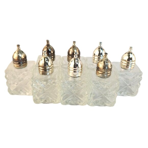 Cut Glass Individual Salt Pepper Shakers Silver Plated Lids Set Of 8 Vintage - Picture 1 of 7